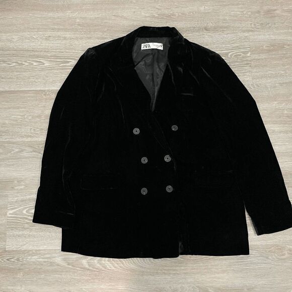 Zara Womens Coat Jacket Collared Double Breasted Vevlet Black Size 2X-Large - Picture 4 of 11